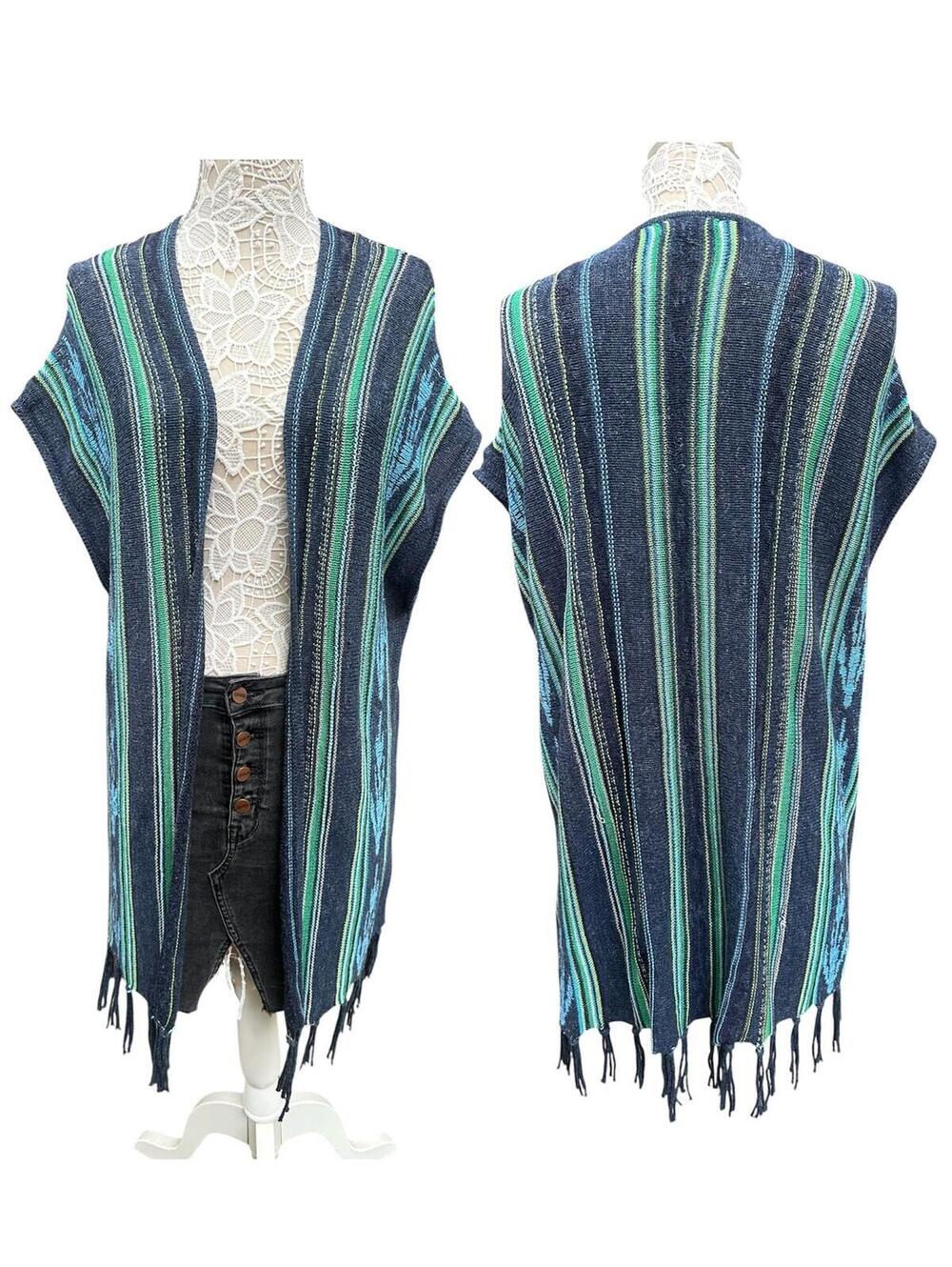 Chaps Vintage Striped Knit Poncho with Fringe